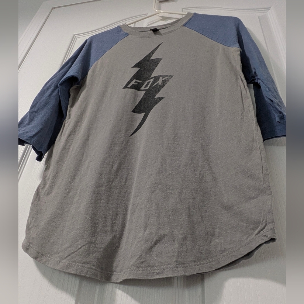 **3/$16 SALE - Fox Women's Gray and Blue Lightning Bolt 3/4 Tee - Picture 2 of 5